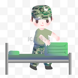 绿色的插画图片_军事叠军被的男孩