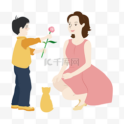 母亲节特惠图片_手绘给母亲献花的男孩