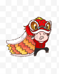 春节卡通猪舞狮手绘