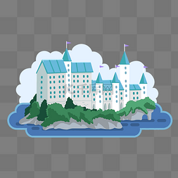 欧式建筑扁平化图片_湖上蓝色童话城堡