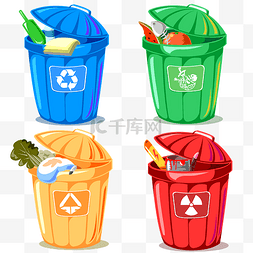 蓝白雪花图标图片_四色卡通环保分类垃圾桶图标