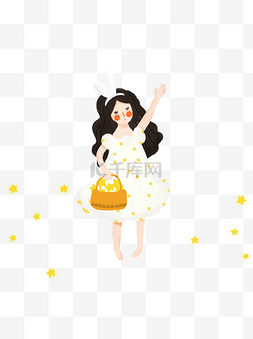 花篮插画图片_小清新提着花篮的女生摘星星元素
