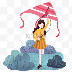 春天小女孩放风筝的场景插画