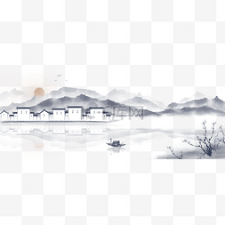 手绘风景插画图片_中国风手绘水墨风景山水徽派建筑