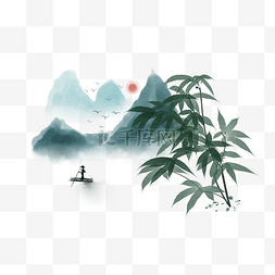 中国画竹子图片_水墨山水河流插画