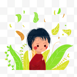 花丛中的小孩儿童插画