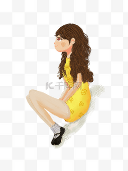手绘卡通蹲坐的黄裙子卷发美女侧