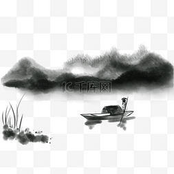 湖中的游船图片_渔人撑船风景水彩画
