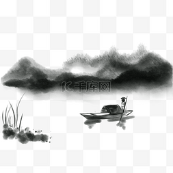 渔人撑船风景水彩画