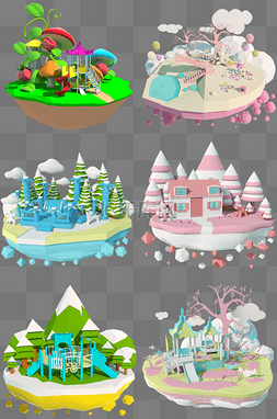 梦幻蘑菇图片_3D卡通梦幻小房子游乐园合集立体C