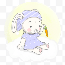 卡通白云月亮图片_手绘治愈系可爱拿萝卜的睡衣兔子