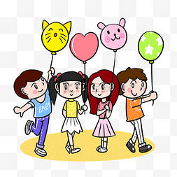 卡通儿童一起玩气球png透明底