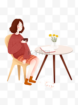 女孩手绘文艺图片_手绘女孩在喝咖啡元素