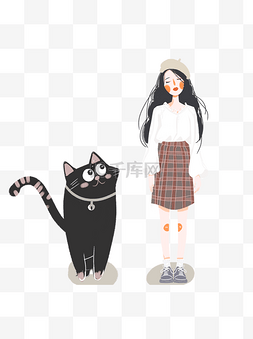 动物和女生手绘图片_小清新文艺女生和宠物猫设计