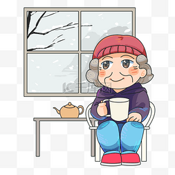 手绘喝茶图片_手绘冬季喝茶老人插画
