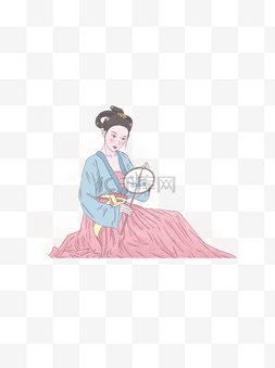 拿宫扇坐着的古代女子卡通元素