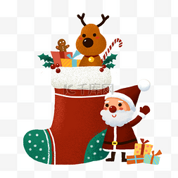 圣诞夜手绘图片_Q版圣诞老人和圣诞麋鹿PNG素材