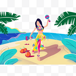 女孩海边玩耍图片_手绘沙滩玩耍的女孩矢量图