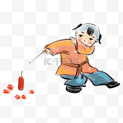 红色的鞭炮图片_水墨放鞭炮的小孩插画