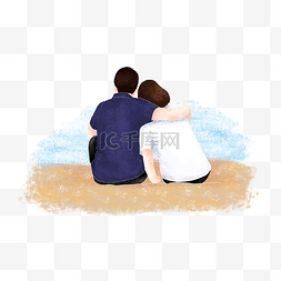 情侣手绘背影图片_情人节情侣恋人沙滩海边扁平风背