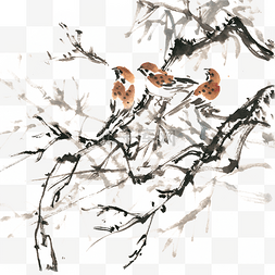 冬季树枝图片_树枝上的麻雀水墨画PNG免抠素材