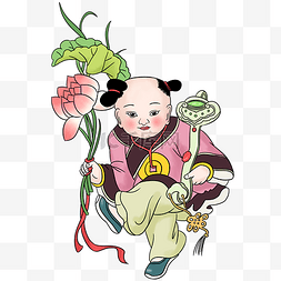 娃娃古风图片_春节复古年画抱如意的娃娃手绘