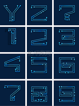 线条数字字体图片_蓝色质感科技字母数字字体设计