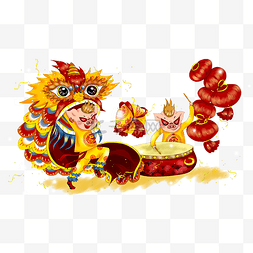 欢庆2019猪年传统舞龙狮打鼓插画