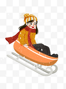 冬季的女孩图片_坐雪橇滑雪的女孩彩绘设计可商用