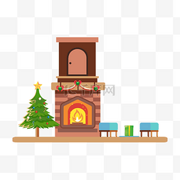 矢量手绘卡通圣诞树壁炉