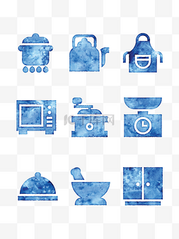 水彩厨房用品图片_手绘蓝色水彩风格厨房用品元素