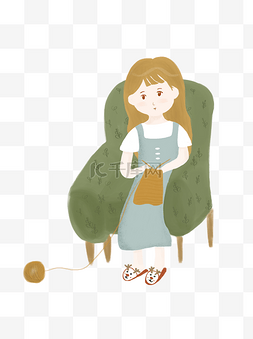 坐沙发上织毛衣的女孩图案元素