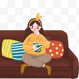 卡通坐在沙发上图片_坐在沙发上吃爆米花的女孩免抠图