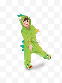 手绘卡通男孩穿着绿色恐龙睡衣元