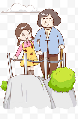 孙女陪奶奶观赏菊花插画