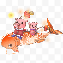 2019年锦鲤和灯笼玩耍的小猪
