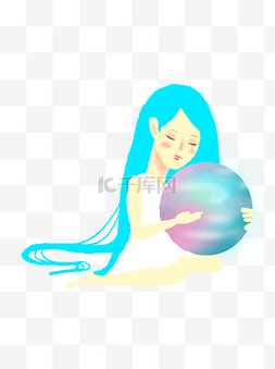 插画星球女孩图片_水彩绘抱着星球的女孩设计