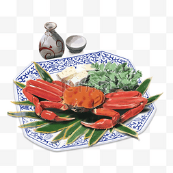 青花瓷盘子图片_手绘盘子酒杯与螃蟹