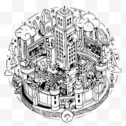 手绘风2.5d城市圆形AI插画