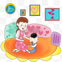 红色大床图片_妈妈看婴儿手绘插画