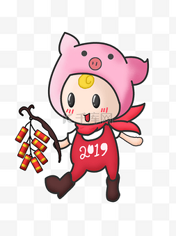 2019生肖猪猪年卡通可爱放鞭炮