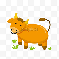 小插画吃的图片_手绘吃草的黄牛插画