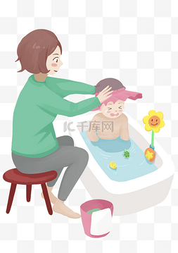 慈祥的母亲图片_手绘给婴儿洗澡的母亲插画