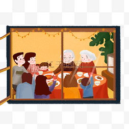 年夜饭预订中图片_卡通手绘春节全家一家老小吃团圆