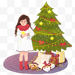 圣诞促销海报图片_装饰圣诞树的小女孩