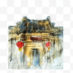 宅门图片_民居宅门建筑大门屋檐水墨国画PNG