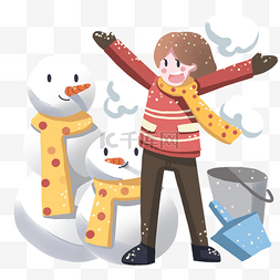 冬季旅游主题卡通女孩和雪人人物