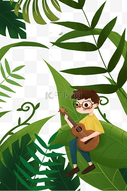 小男孩音乐图片_手绘卡通被植物包围的小男孩元素