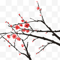 冬季红色梅花树枝水墨写意多棵唯