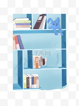 蓝色多格书房书架元素